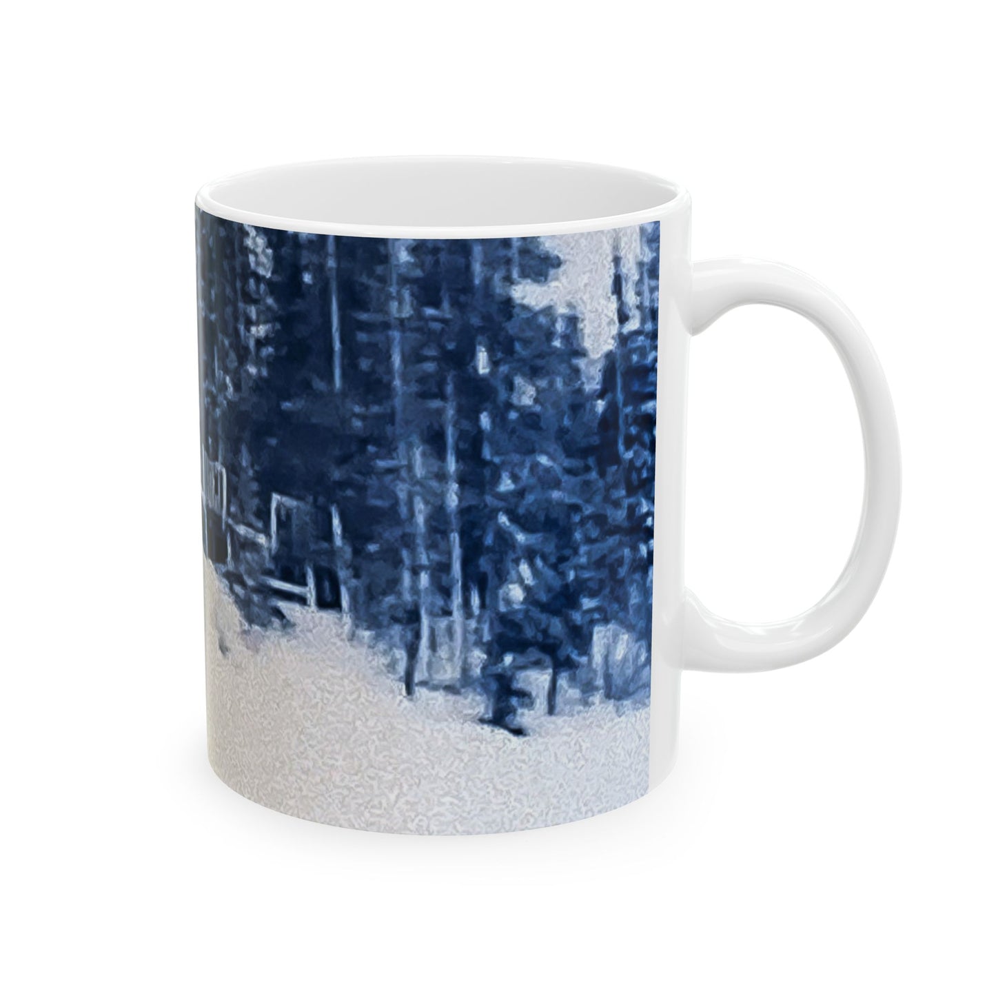 Winter Cabin Snow Scene Ceramic Mug — Cozy Forest Landscape Coffee Cup (11oz/15oz)
