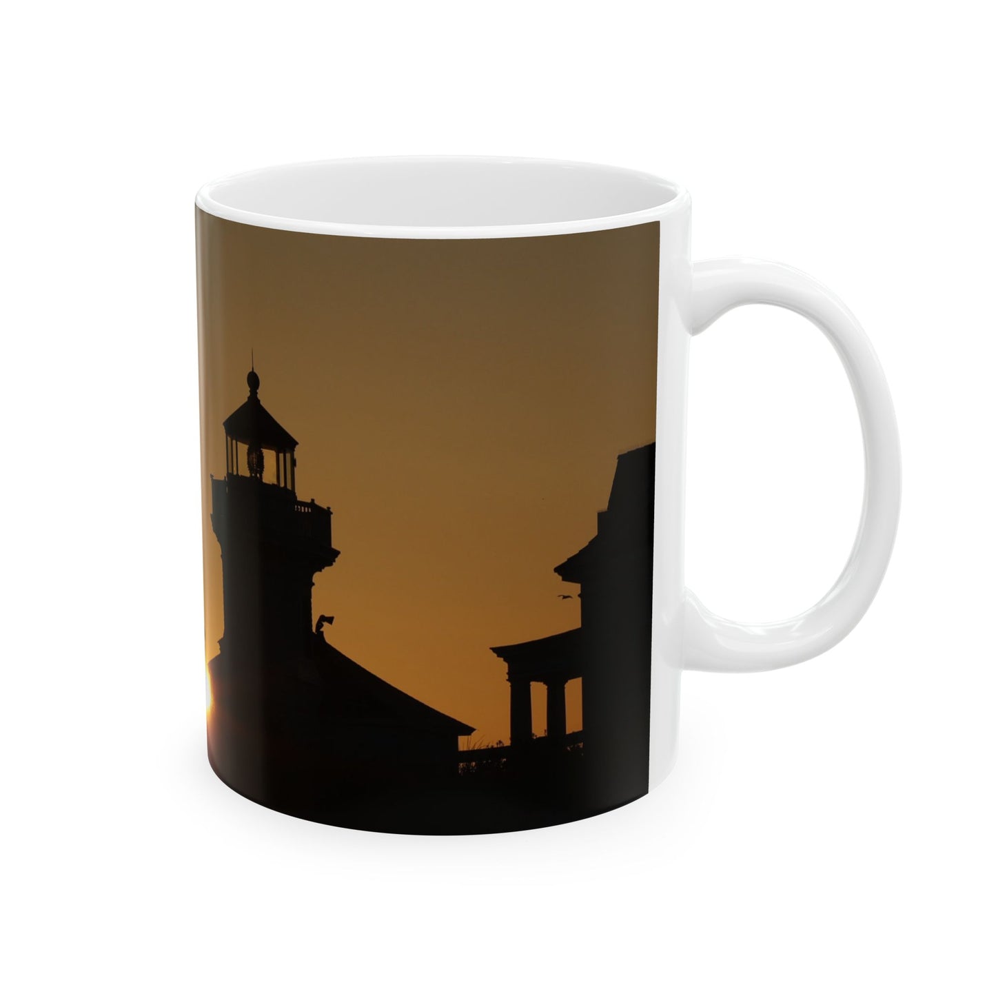 Lighthouse Sunset Ceramic Mug — Coastal Sunrise Coffee Cup (11oz, 15oz)