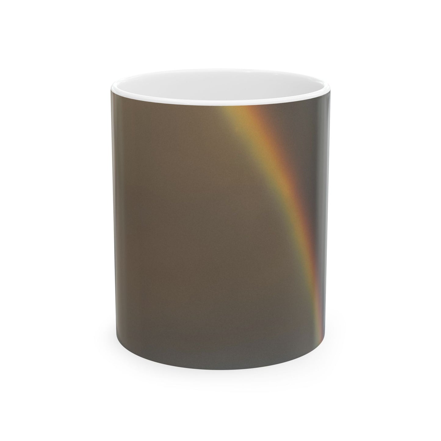 A cylindrical mug with a dark brown exterior featuring a subtle rainbow iridescent sheen, and a contrasting white interior, shown on a plain white background.