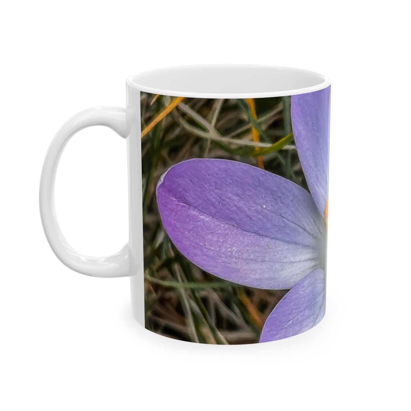 Crocus Floral Ceramic Mug — Close-Up Purple Spring Flower Coffee Cup (11oz, 15oz)