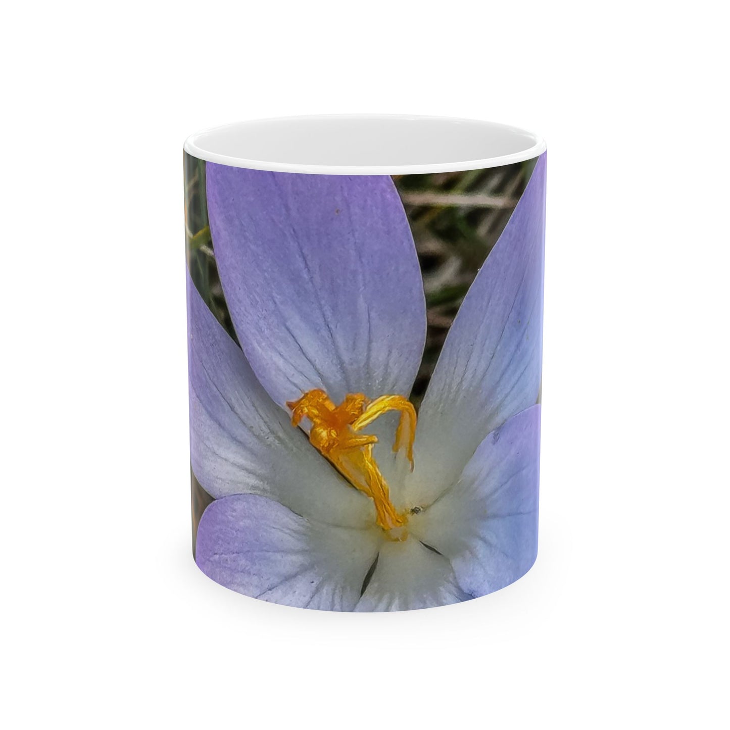 Crocus Floral Ceramic Mug — Close-Up Purple Spring Flower Coffee Cup (11oz, 15oz)