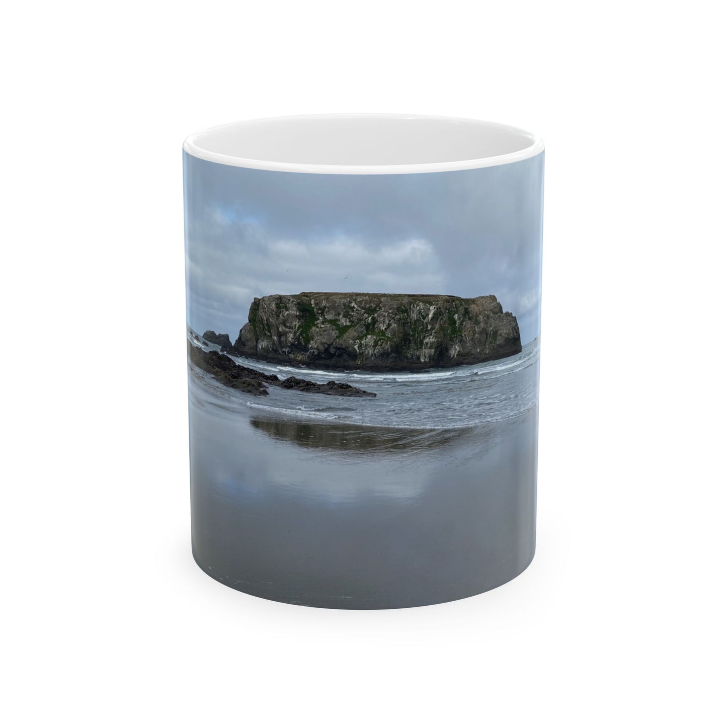 Coastal Rock Beach Ceramic Mug — Moody Ocean Landscape Coffee Cup (11oz & 15oz)