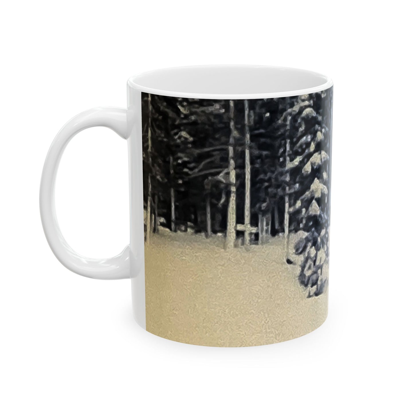 Winter Cabin Snow Scene Ceramic Mug — Cozy Forest Landscape Coffee Cup (11oz/15oz)