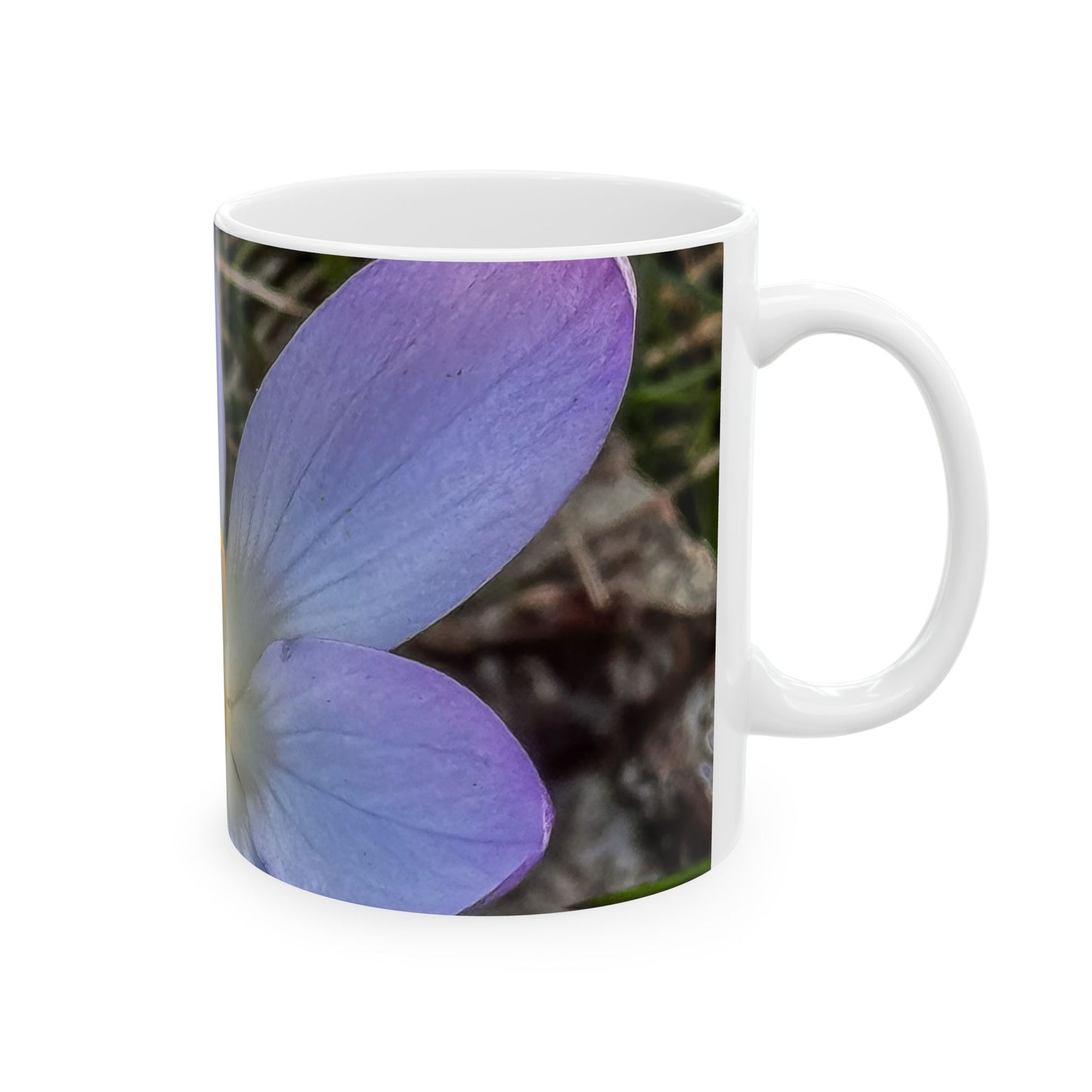 Crocus Floral Ceramic Mug — Close-Up Purple Spring Flower Coffee Cup (11oz, 15oz)