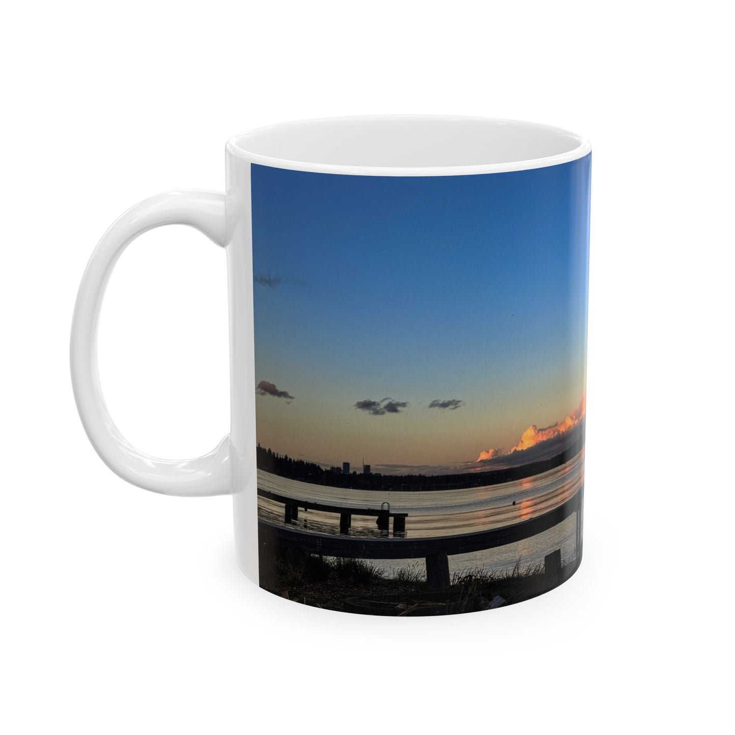 Sunset Lake Photo Mug — Scenic Waterfront Ceramic Coffee Cup (11oz, 15oz)