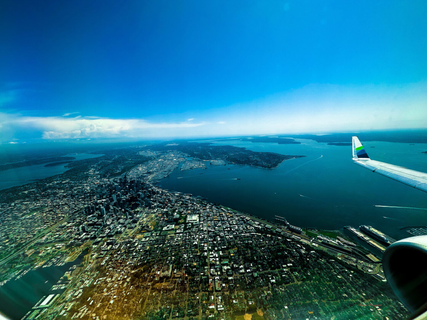 A view of the ocean from an airplane window.